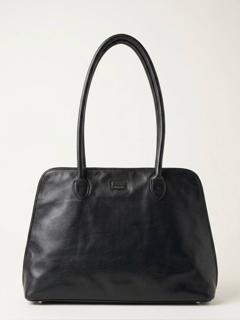 Vintage Perlina New York Black Leather Shoulder Bag Tote Padlock Minimalist